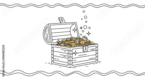 Clean vector graphic of an open wooden treasure chest full of shining gold coins and a diamond