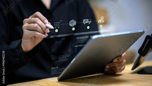 E Commerce Workflow and Order Fulfillment Concept with Logistics Tracking and Digital Supply Chain