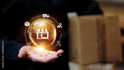 Global E Commerce Concept with Digital Store and Logistics Network, Online Shopping and Delivery Technology