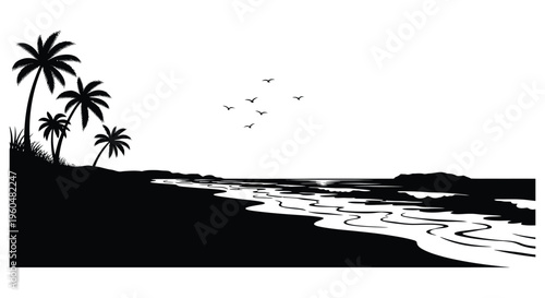 A tropical beach scene with palm trees a winding river and a radiant sun depicted as a silhouette