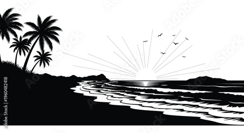 A tranquil tropical beach scene with palm trees and a radiant sunset displayed as a striking silhouette