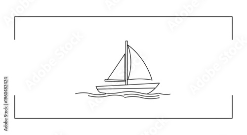 Elegant continuous line art drawing of a classic sailboat gliding smoothly across ocean waves