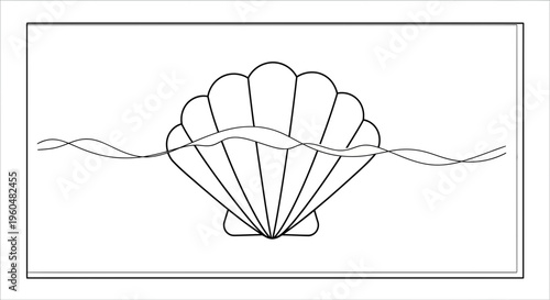 Minimalist line art illustration of a serene scallop seashell resting in gentle ocean waves a calm