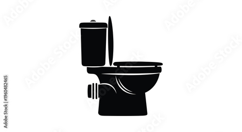 A simple black graphic depicts a standard toilet fixture on a plain white background a stark silhouette