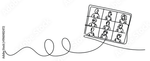 Modern minimalist continuous line drawing captures a diverse group of people participating in an online virtual meeting or video conference for remote work and digital communication