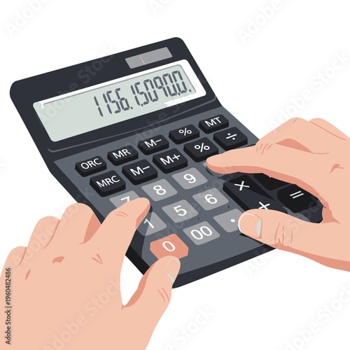 Hands operating a calculator for financial calculations, accounting, and data analysis