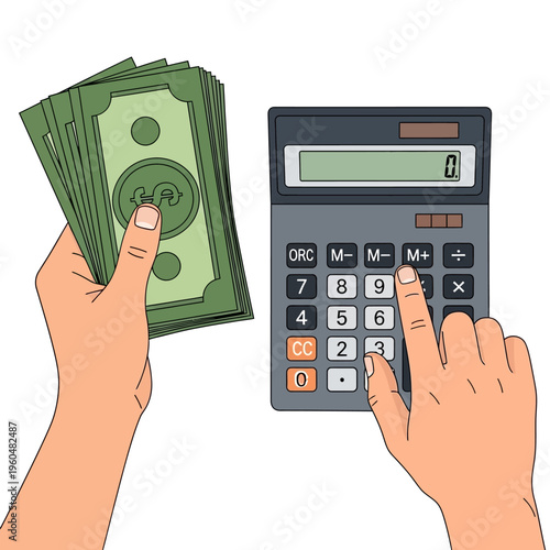 Hands Holding Cash and Using Calculator for Financial Calculation