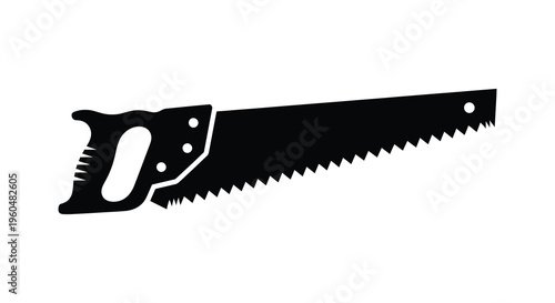 A stark black silhouette depicts a hand saw lying horizontally showcasing its tool design silhouette high quality professional