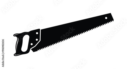 A stark black silhouette of a traditional hand saw displaying its distinctive shape and tool design silhouette