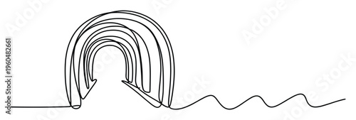 A dynamic continuous single black line forming a series of receding arches creating a sense of depth and a winding path leading to a wavy line, perfect for representing progression,