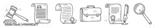 A collection of handdrawn legal and justice icons including a gavel, law documents, briefcase, and magnifying glass for court, lawyer, and legal service related presentations and materials