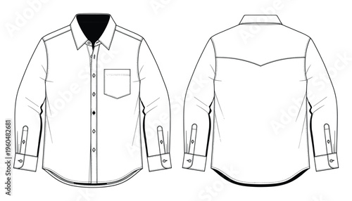 Professional menswear long sleeve button down shirt technical flat sketch drawing for fashion designers and apparel product developers creating new clothing collections