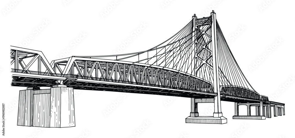 Fototapeta premium Detailed technical drawing of a long span bridge featuring intricate truss and cablestayed sections, perfect for engineering diagrams, architectural studies, or construction project visuals