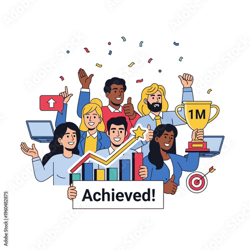 Diverse Team Celebrates Success with Trophy and Growth Chart