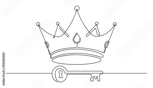 Simple elegant one line artwork featuring a regal crown signifying victory and an antique key symbolizing access and solutions, ideal for innovative business strategies and aspirational