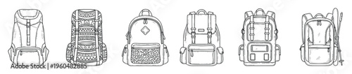A collection of various hand drawn line art backpacks and rucksacks suitable for travel outdoor adventures hiking camping and wilderness expeditions