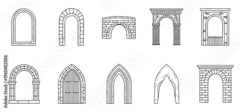 Collection of handdrawn architectural arches and ancient archways in various styles perfect for historical building blueprints or traditional construction project visualization