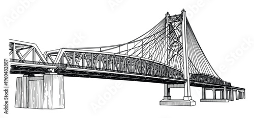 Detailed technical drawing of a long span bridge featuring intricate truss and cablestayed sections, perfect for engineering diagrams, architectural studies, or construction project visuals