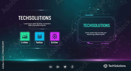 TechSolutions presentation slide with futuristic digital graphics and icons representing growth, data, and strategy.