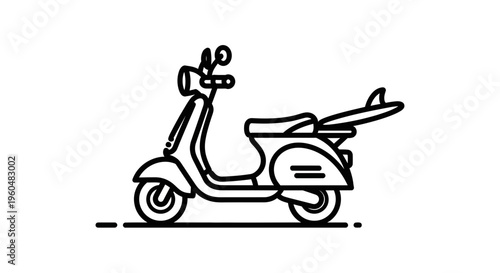 Classic retro scooter carrying a surfboard for a delightful seaside adventure and coastal journey