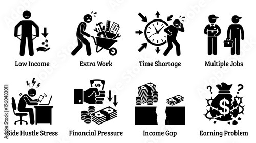 Income Instability & Financial Stress Vector Icon Set – Honest Vectors Featuring Low Earnings, Side Hustle Pressure, Multiple Jobs, Time Shortage, and Financial Gaps