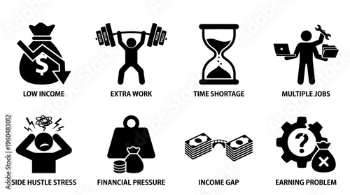 Income Instability & Financial Stress Vector Icon Set – Honest Vectors Featuring Low Earnings, Side Hustle Pressure, Multiple Jobs, Time Shortage, and Financial Gaps