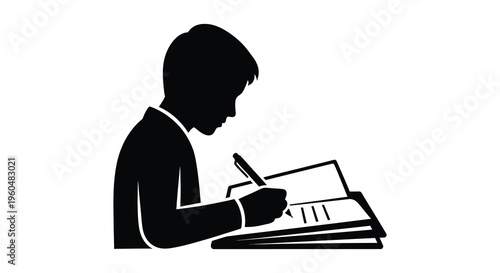 A young man is depicted in a stark black silhouette diligently writing in an open book silhouette