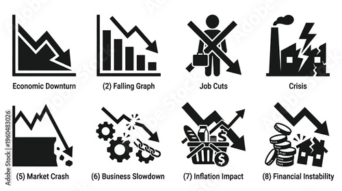 Economic Crisis & Financial Instability Vector Icon Set – Bold Vectors Featuring Downturns, Job Cuts, Market Crashes, Inflation Impact, Business Slowdowns, and Fiscal Uncertainty