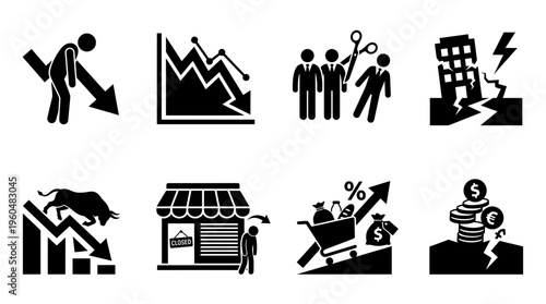 Economic Crisis & Financial Instability Vector Icon Set – Bold Vectors Featuring Downturns, Job Cuts, Market Crashes, Inflation Impact, Business Slowdowns, and Fiscal Uncertainty