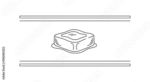 Minimalist line illustration of a fresh block of dairy product on a serving dish with decorative