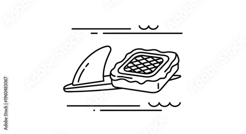Minimalist line icon depicting a shark fin and a lattice pie floating on stylized water surface