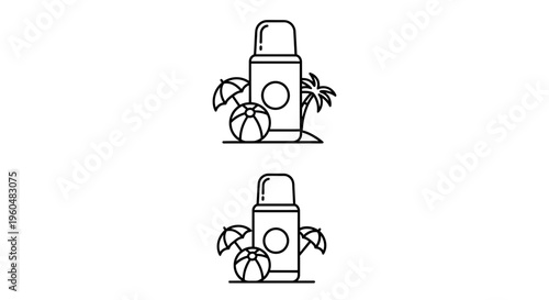 Minimalist summer beach vacation essentials line art icons featuring sun protection and leisure