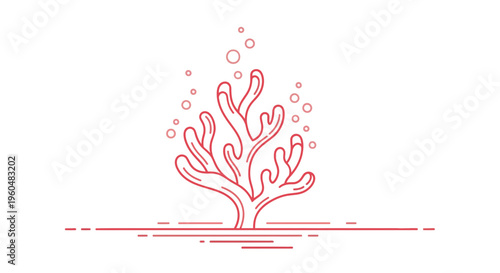 Stylized red coral reef icon with rising bubbles on a minimalist seabed line illustration vector art