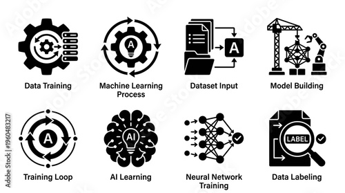 Machine Learning & AI Model Development Vector Icon Set – Smart Vectors Featuring Data Training, Neural Networks, Model Building, Dataset Input, and Learning Algorithms