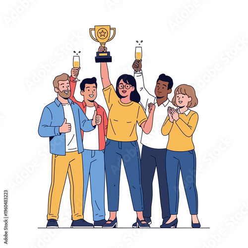 Diverse team celebrating victory with trophy and champagne, success and teamwork concept