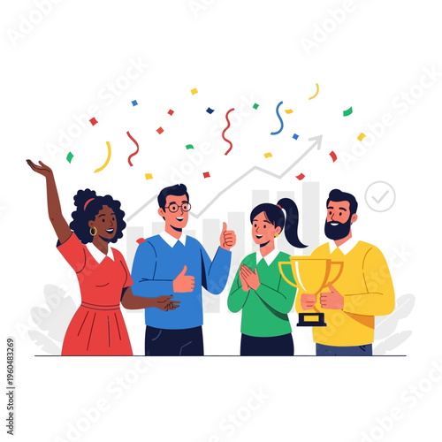 Diverse team celebrating success with trophy and confetti, business growth graph background