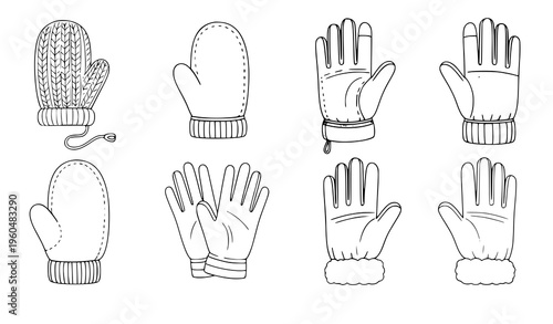 Winter gloves cartoon icons cold weather clothing vector set