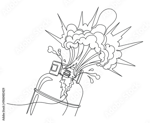 Continuous line drawing illustrating a shattered glass bottle erupting with a powerful explosion of smoke and liquid, perfect for conceptual visuals and dynamic statements on impact or