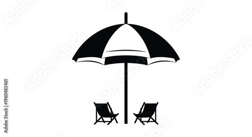 A black beach umbrella provides shade over two empty deck chairs on a sunny day silhouette high quality