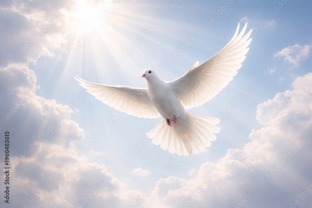 Fototapeta premium White dove flying in bright sky symbolizing peace hope freedom and spiritual harmony
