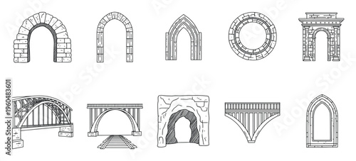 Collection of diverse architectural arches, bridge structures, and tunnel entrances, featuring various construction styles from rustic stone to modern designs, ideal for educational content