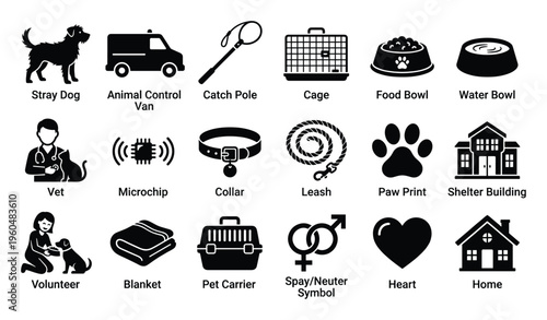 Comprehensive collection of animal welfare and pet care icons including stray dog, vet, shelter, food, and adoption symbols, ideal for veterinary clinics, animal rescue organizations, and