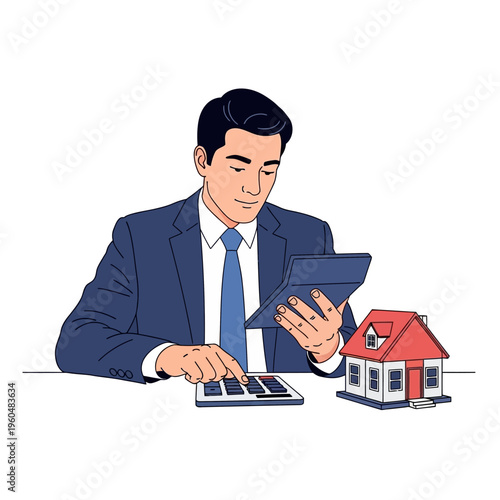 Man in Suit Calculating Property Value with Calculator and House Model