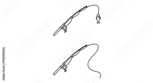 Line art fishing rods: one with a fish, one empty, depicting outdoor angling pastime and