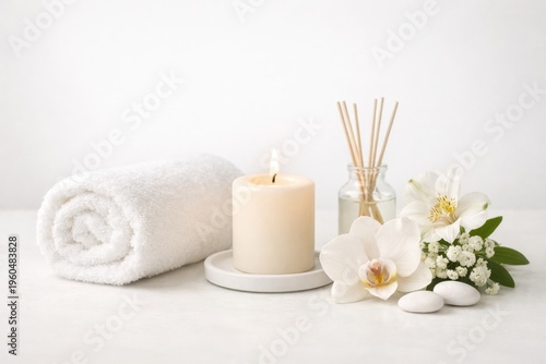 Spa still life with candle towel diffuser and orchid flowers on white background relaxing wellness concept