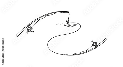 Minimalist fishing rods and hooked fish in continuous line drawing style graphic