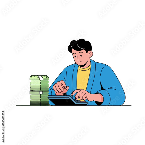 Man with Calculator and Stack of Money Bills, Financial Planning and Budgeting Concept
