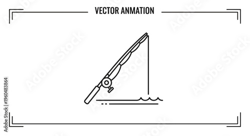 Minimalist line art illustration of a fishing rod casting its line into calm water, serene angling