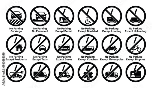 Detailed infographic showcasing a variety of common no parking signs with specific exceptions for permits, disabled individuals, loading, unloading, residents, taxis, buses, coaches,