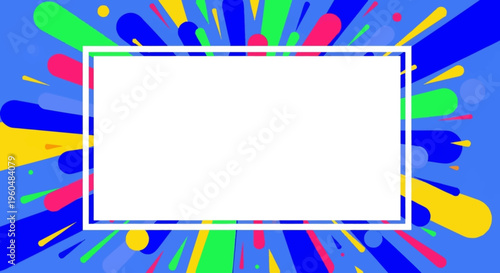 A vibrant abstract background with a white rectangular frame in the center, featuring colorful bursts of shapes and lines radiating outwards on a blue backdrop.